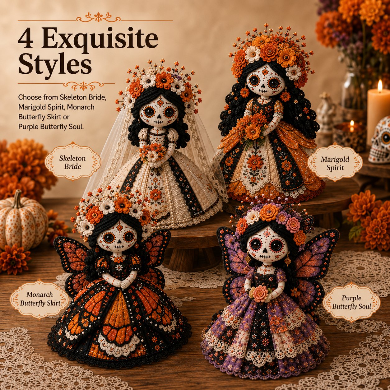 🎃Day of the Dead Patchwork Doll DIY Sewing Kit - Handmade Fabric Doll Craft Kit with Floral Details