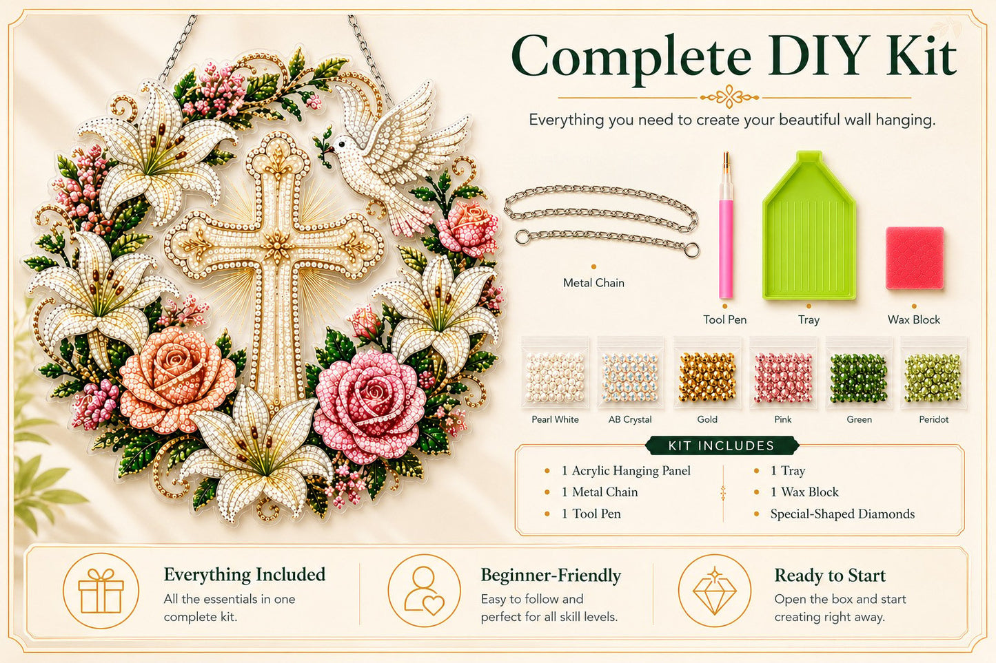 ✝️💐Cross. Flowers & Peace Dove Diamond Art Hanging Ornament Kit
