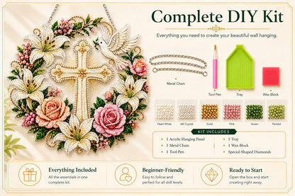 ✝️💐Cross. Flowers & Peace Dove Diamond Art Hanging Ornament Kit