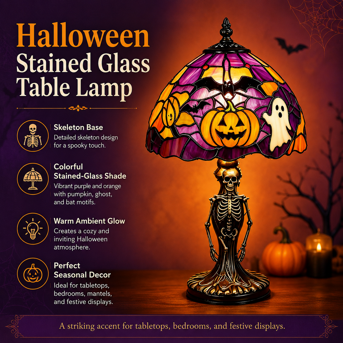Spooky Glow Tiffany Lamp Pumpkin Ghost Bat Halloween Desk Light