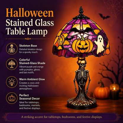 Spooky Glow Tiffany Lamp Pumpkin Ghost Bat Halloween Desk Light