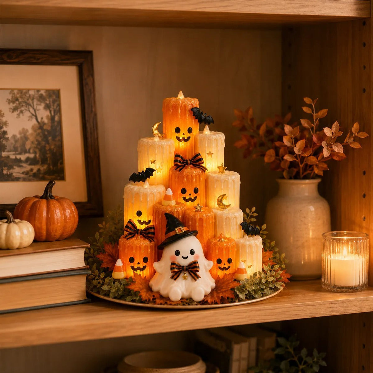 🎃Pumpkin Electronic Candle Light🕯️ in a cozy Halloween room setting