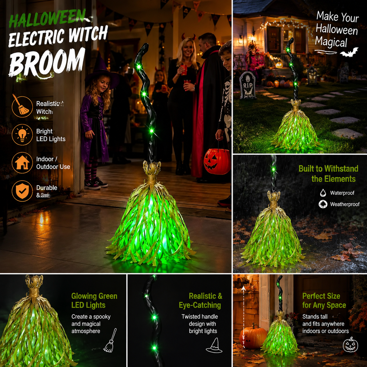 📢📢50% OFF !!⏰🧙 Animated Witch Broom Halloween Decoration with Lights and Sound