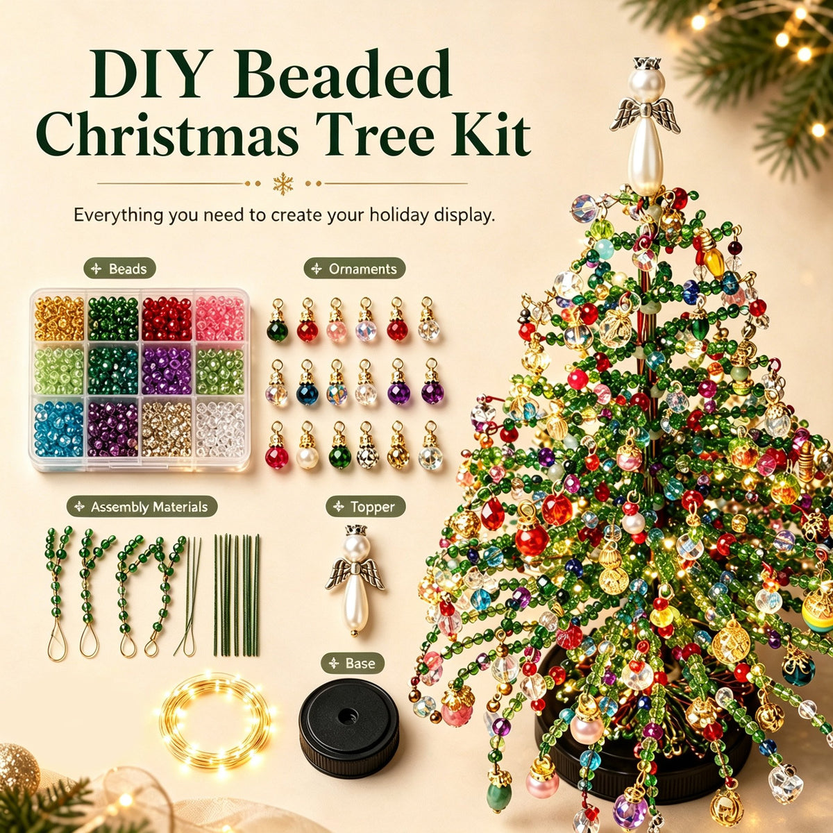 🎄✨ DIY Beaded Christmas Tree Kit – 🎅Create Your Own Sparkling Holiday Decoration kit contents
