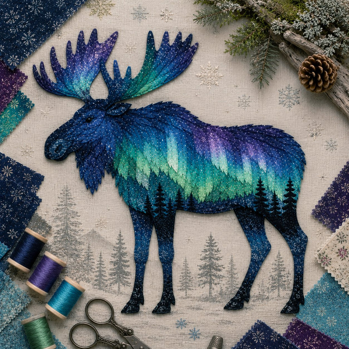 Northern Lights Wildlife DIY Patchwork Kit patchwork design detail