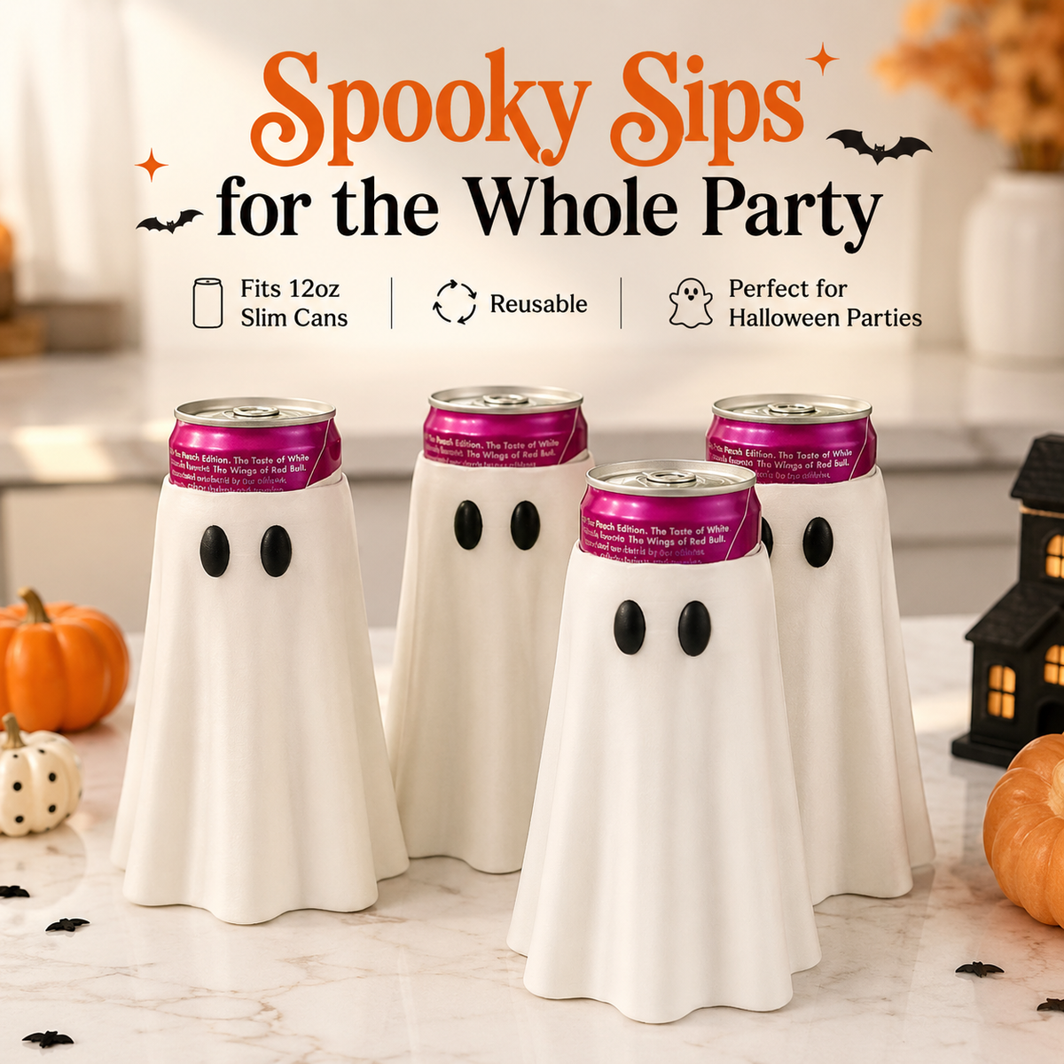 Halloween Ghost Can Sleeve for 12oz Slim Cans – Cute Spooky Drink Holder, Reusable Halloween Beverage Cover for Parties, Fall Decor & Gifts