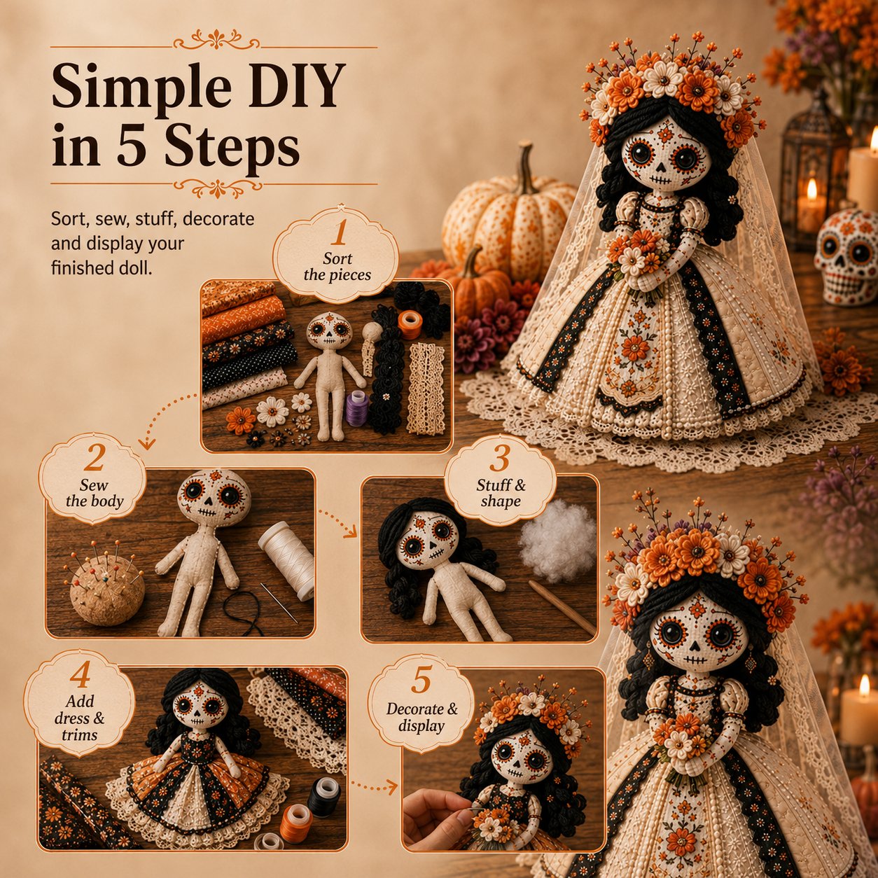 🎃Day of the Dead Patchwork Doll DIY Sewing Kit - Handmade Fabric Doll Craft Kit with Floral Details
