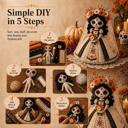 🎃Day of the Dead Patchwork Doll DIY Sewing Kit - Handmade Fabric Doll Craft Kit with Floral Details