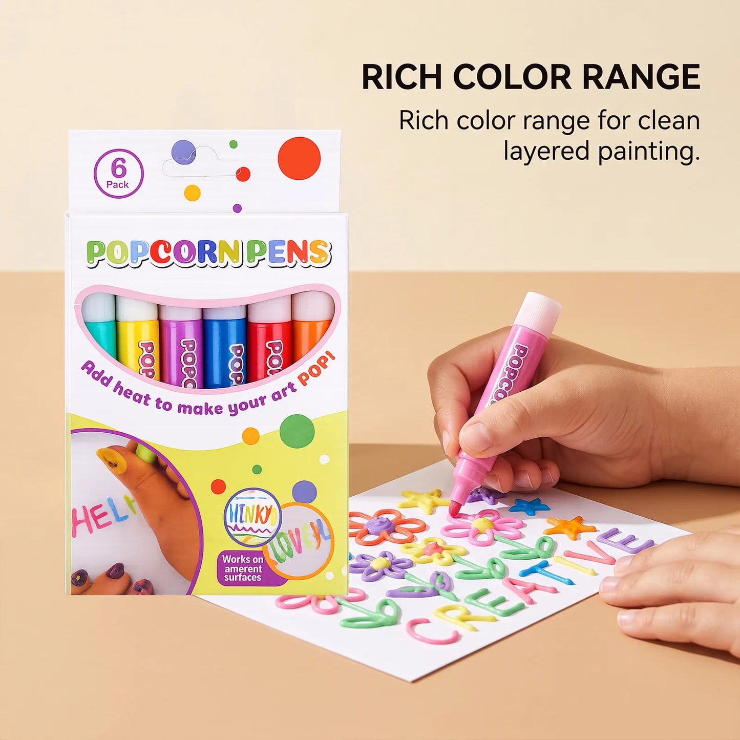 🍿6 Pack Heat Activated Popcorn Pens 3D Puffy Bubble Drawing Pens Kids DIY Art Craft Supplies