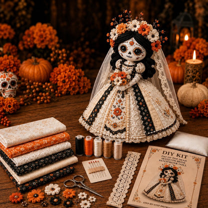 🎃Day of the Dead Patchwork Doll DIY Sewing Kit - Handmade Fabric Doll Craft Kit with Floral Details