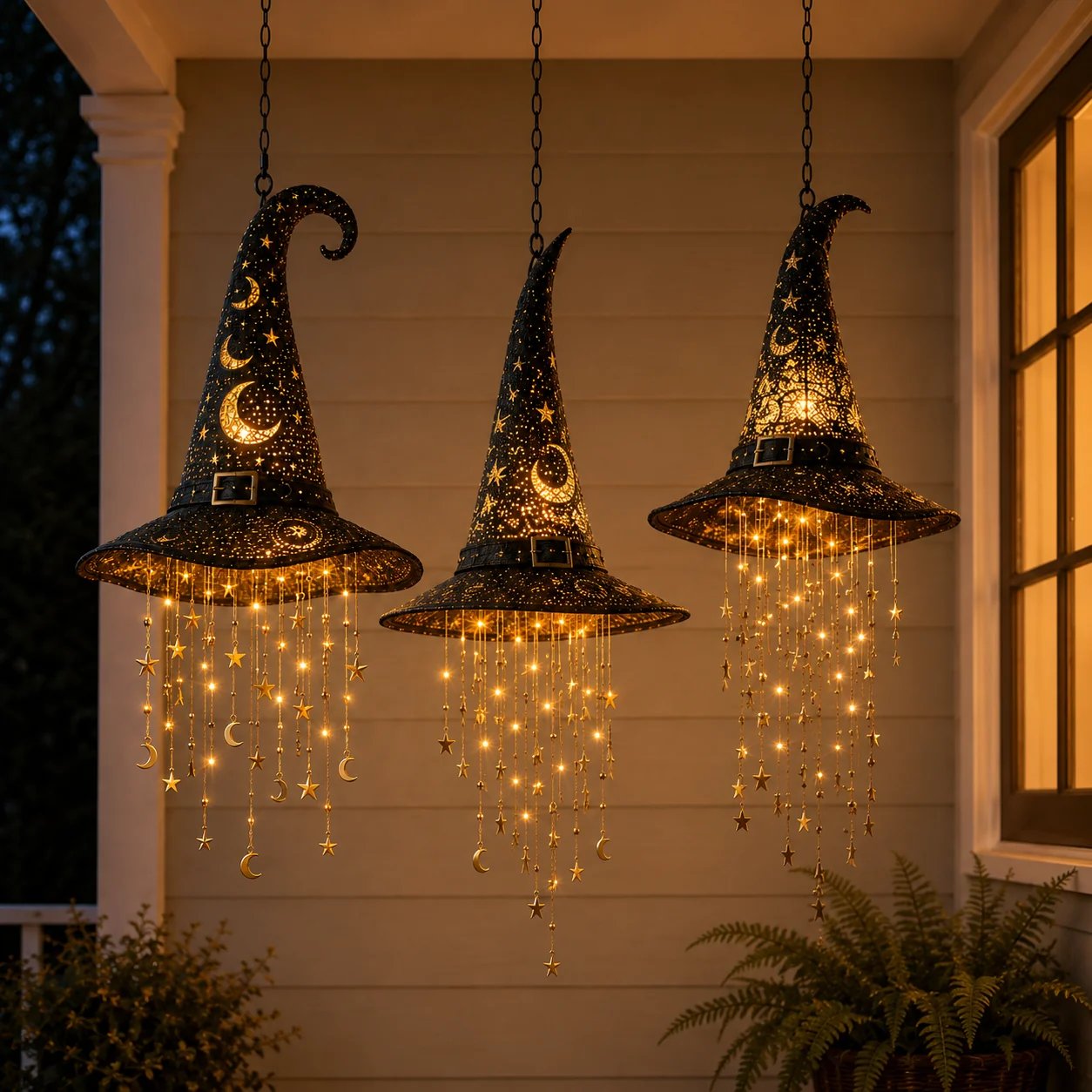 🧙‍♀️ Lighted Witch Hat Hanging Chime ✨ Battery-Powered Halloween Décor with Remote Control