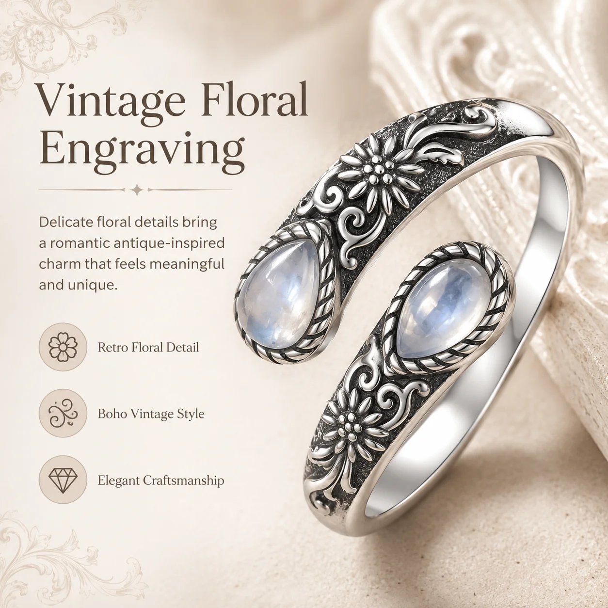 🏆25K+ SOLD 🔥2026 HOT SALE  Moonstone Bloom Ring | Vintage Floral • Adjustable Open Band quality detail