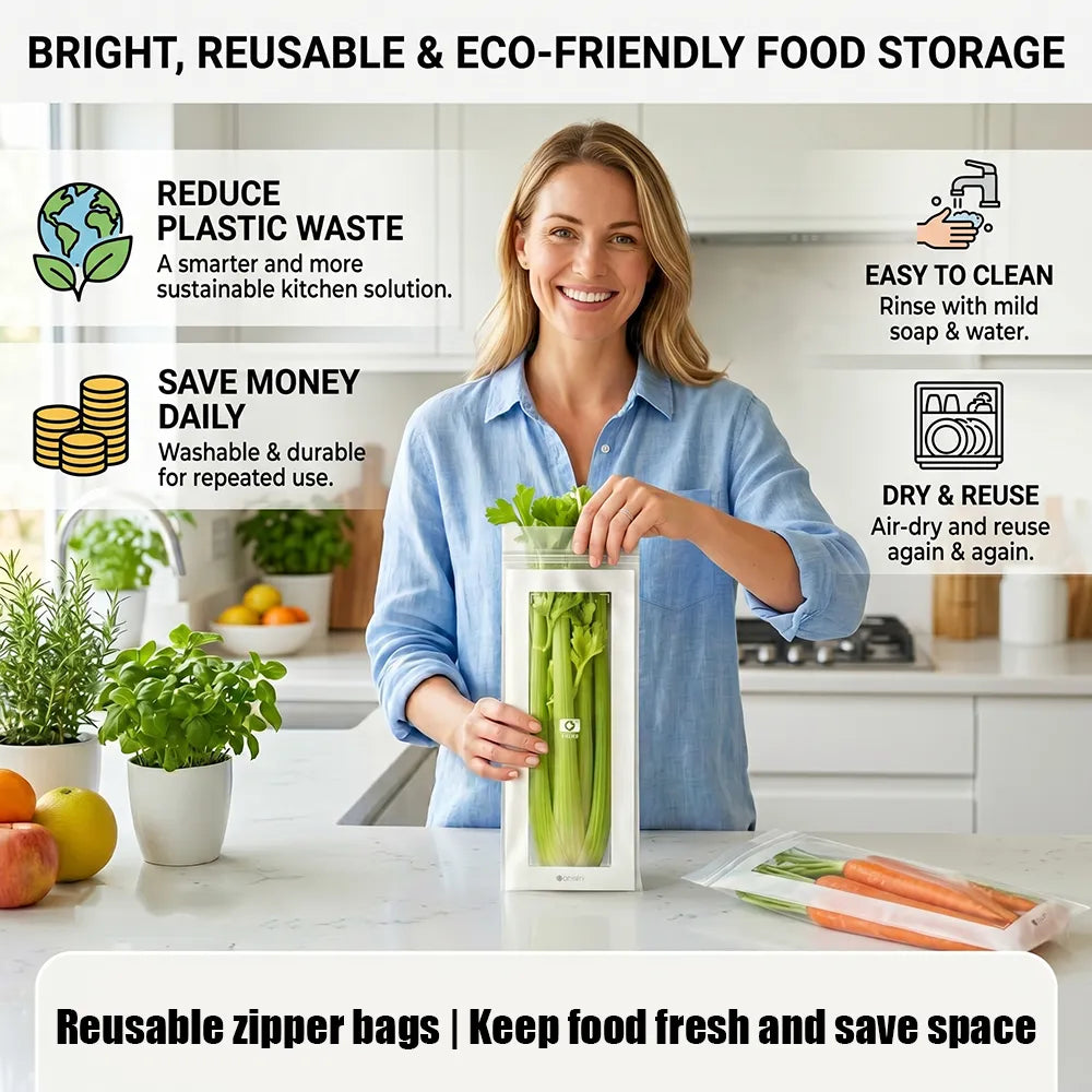 🥬 50/100PCS Reusable Long Food Storage Bags. Double-Zip Seal Freshness Bags for Kitchen for refrigerator and freezer use