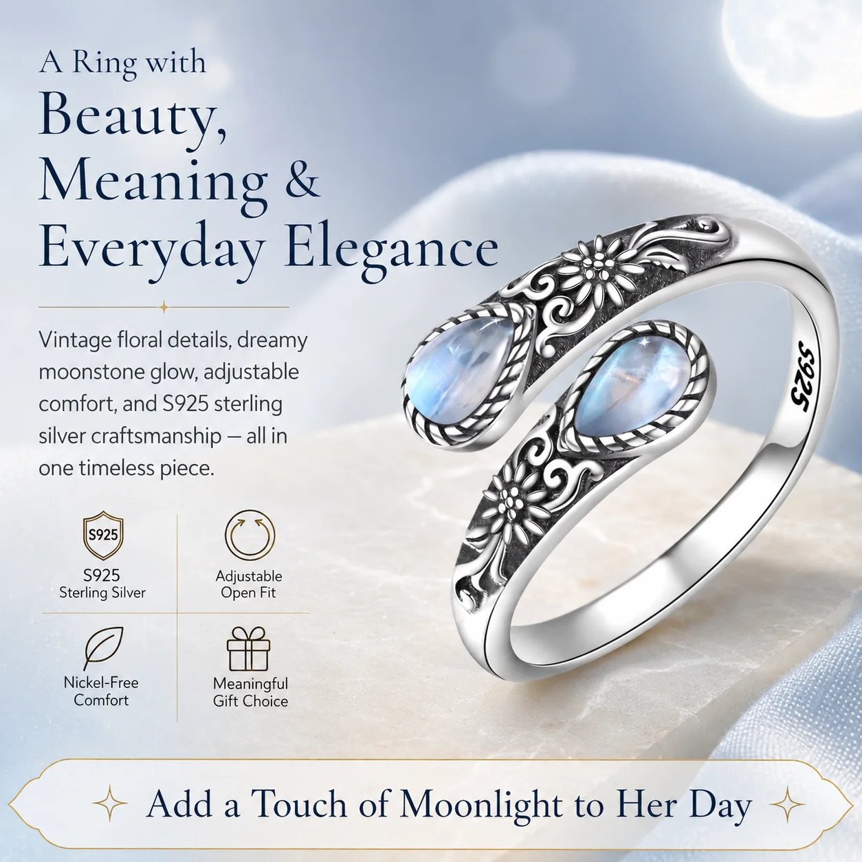 🏆25K+ SOLD 🔥2026 HOT SALE  Moonstone Bloom Ring | Vintage Floral • Adjustable Open Band