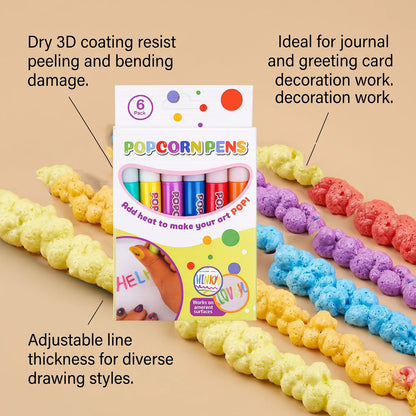 🍿6 Pack Heat Activated Popcorn Pens 3D Puffy Bubble Drawing Pens Kids DIY Art Craft Supplies