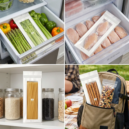 🥬 50/100PCS Reusable Long Food Storage Bags. Double-Zip Seal Freshness Bags for Kitchen