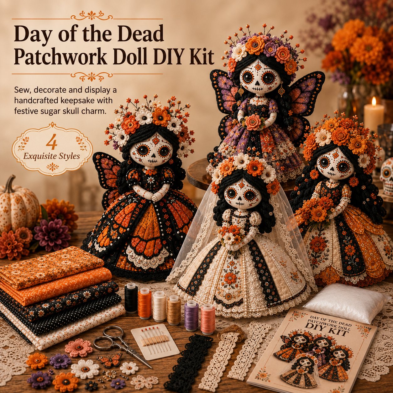 🎃Day of the Dead Patchwork Doll DIY Sewing Kit - Handmade Fabric Doll Craft Kit with Floral Details