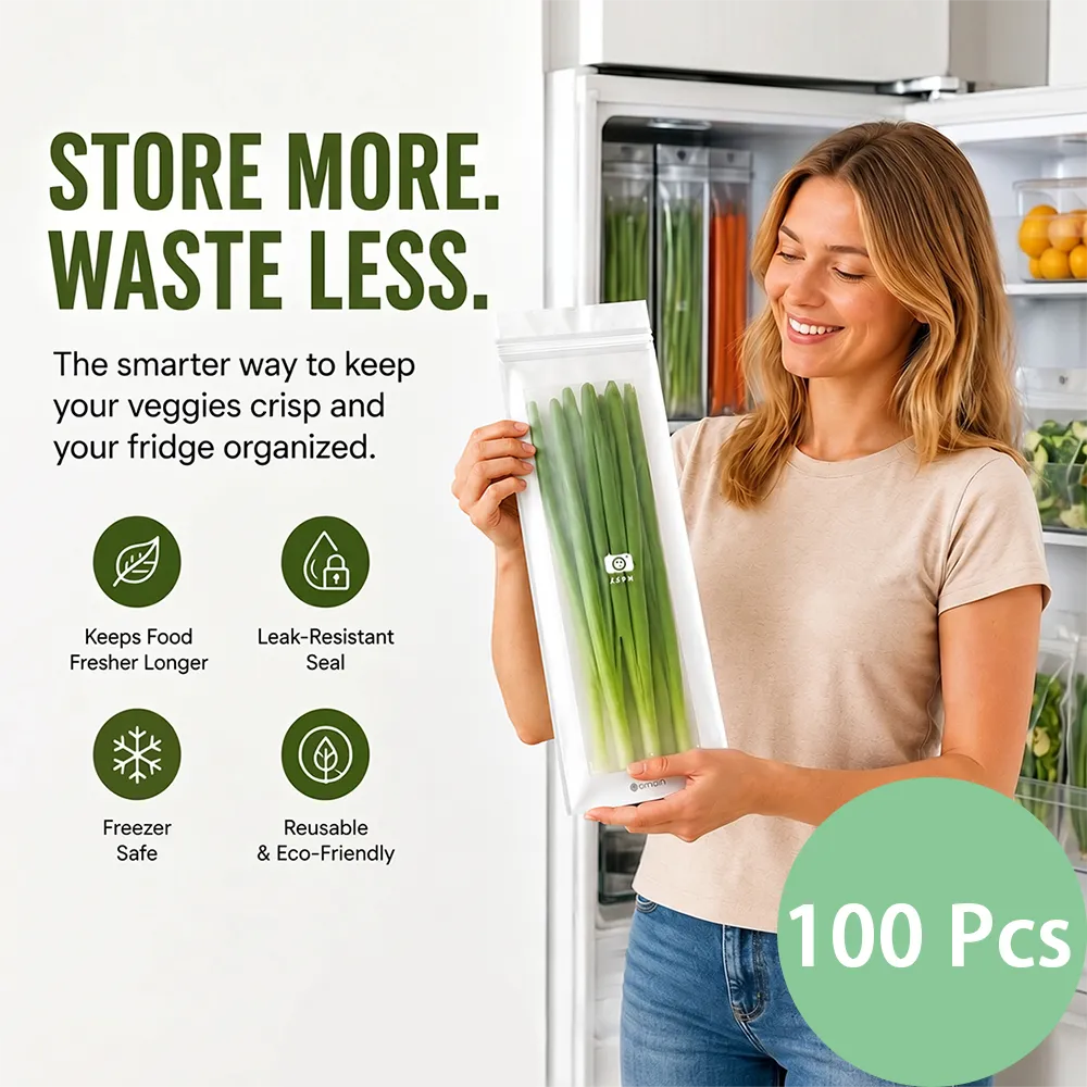 🥬 50/100PCS Reusable Long Food Storage Bags. Double-Zip Seal Freshness Bags for Kitchen