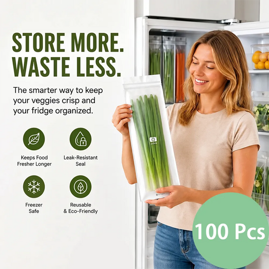 🥬 50/100PCS Reusable Long Food Storage Bags. Double-Zip Seal Freshness Bags for Kitchen