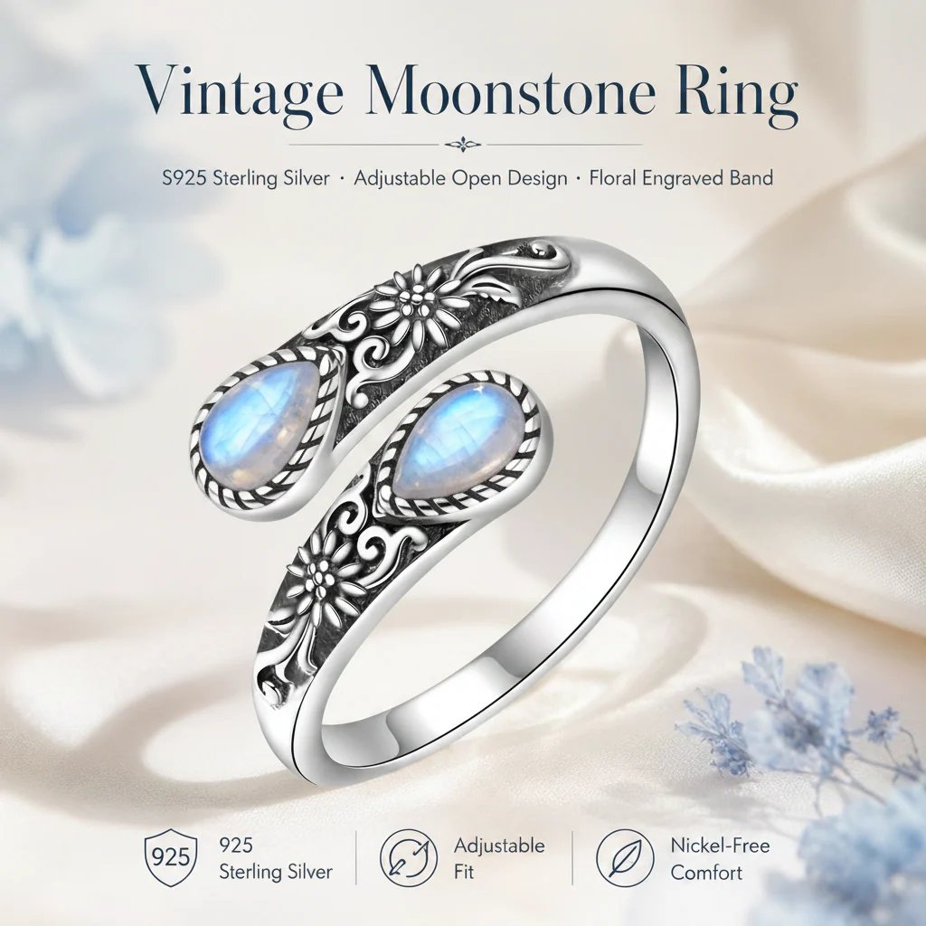 🏆25K+ SOLD 🔥2026 HOT SALE  Moonstone Bloom Ring | Vintage Floral • Adjustable Open Band