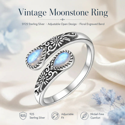 🏆25K+ SOLD 🔥2026 HOT SALE  Moonstone Bloom Ring | Vintage Floral • Adjustable Open Band