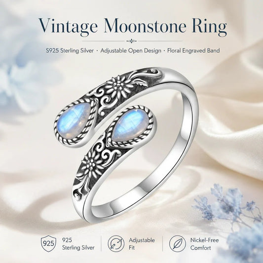 🏆25K+ SOLD 🔥2026 HOT SALE  Moonstone Bloom Ring | Vintage Floral • Adjustable Open Band