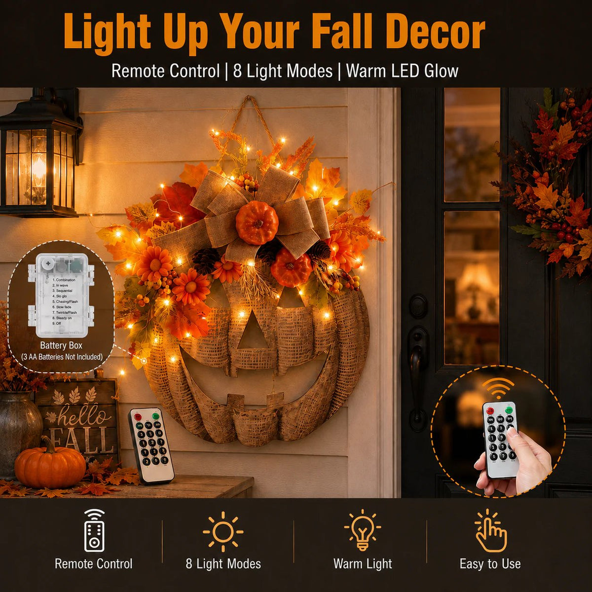 🎃✨ Lighted Burlap Pumpkin Wreath hanging on gate with warm lights