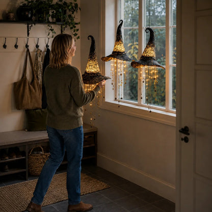 🧙‍♀️ Lighted Witch Hat Hanging Chime ✨ Battery-Powered Halloween Décor with Remote Control